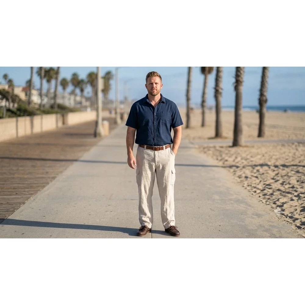 Caribbean Mens 100% Linen Cargo Pants Beige Tan Straight Leg 42x34 Summer Beach